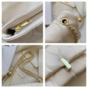 Detailed views of cream quilted chain bag with gold hardware and elegant wave pattern