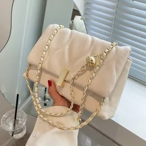Women Wave Quilted Chain Crossbody Bag PU Leather Square Shoulder Bag With Gold Ball Metal Strap Vintage Fashion Handbag