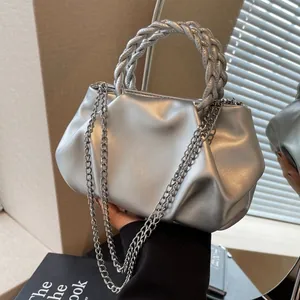 Damen Gefaltete Cloud Bag Mode Kette Umhängetasche Mit Geflochtenem Griff PU Leder Handtasche Lässig Reise Top