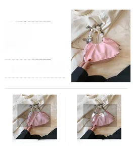 Pink pleated cloud bag with pearl chain handle detail and size comparison guide