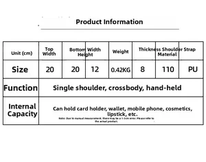 Detailed size specification table for the women PU leather crossbody and shoulder bag