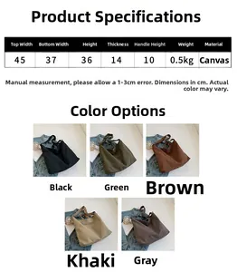 Detailed size chart for the large canvas tote bag with specific dimensions and five colors