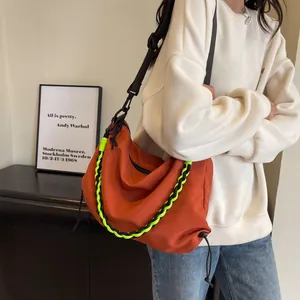 Women Nylon Dumpling Shoulder Bag Casual Hobo Crossbody Bag With Contrast Braided Rope Drawstring Large Capacity Travel Satchel