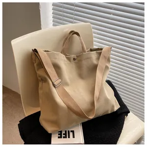 Close-up of khaki canvas tote bag with metal snap button and adjustable shoulder strap