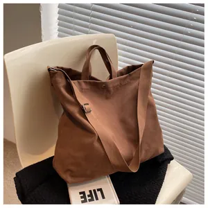 Detail of dark brown canvas tote bag featuring adjustable shoulder strap and snap closure