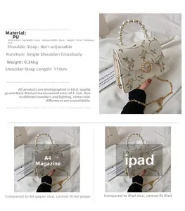 Detailed size guide for white lace floral handbag with pearl handle and gold chain