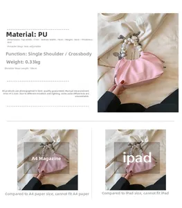 Pink PU ruched dumpling bag detail showing precise dimensions and size comparison