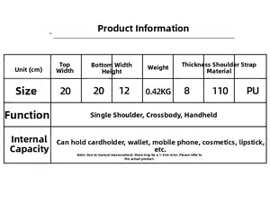 Size guide for PU shoulder bag showing dimensions 20x12x8cm and weight 0.42kg