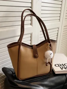 Large Capacity PU Leather Tote Bag With Plush Monster Charm Vintage Korean Style Shoulder Commute Handbag For Women