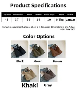 Size chart and color display for this large capacity canvas tote bag with dimensions