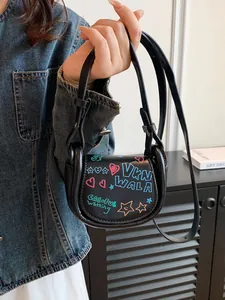 Sac Selle Mini en Cuir PU Mode Femme Street Art Graffiti Coloré Imprimé Sac en Bandoulière Sac à Main Épaule Fermeture Magnétique