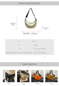 Detailed size chart for nylon crescent crossbody bag with woven chain strap specs