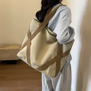 Vintage Large Capacity Canvas Tote Bag For Women Retro Japanese Style Shoulder Bag Cross Ribbon Design For Daily Commute