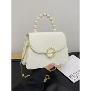 Elegant Women Pearl Handle Crossbody Bag Gold Chain PU Leather Small Square Shoulder Bag For Daily Party Ladies Handbag