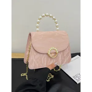 Pink marble texture small square bag with pearl handle and golden chain strap