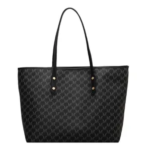 Borsa tote nera classica con stampa monogramma grigia e dettagli di rivetti dorati