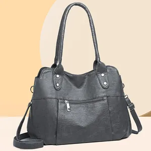 Grand sac cabas vintage gris foncé avec texture litchi et bandoulière réglable