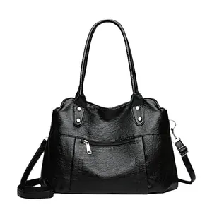 Sac fourre-tout vintage noir en cuir à grande capacité avec bandoulière réglable