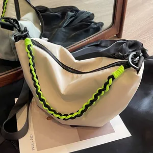 Women Nylon Crescent Crossbody Bag Neon Braided Strap Large Capacity Dumpling Hobo Shoulder Bag Casual Travel Handbag