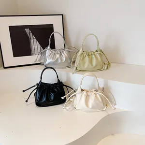 Retro pleated bucket bag for women in silver, green, black and white PU leather