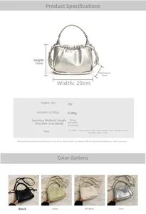 Detailed size specifications and material chart for pleated PU leather bucket bag