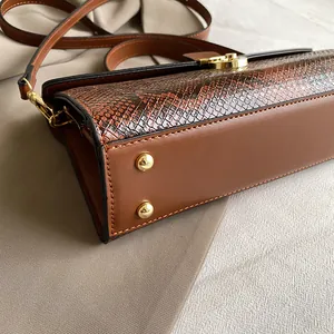 Detailsicht der Handtasche mit braunem Schlangendruck, Leder und Goldbeschlägen