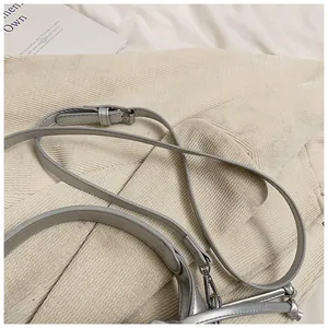 Detail of silver pleated bag strap with metallic finish and fine stitching work