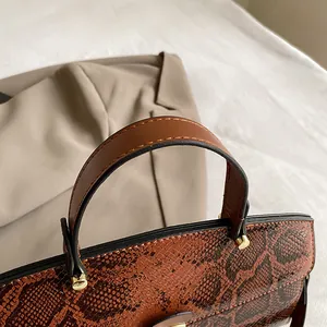 Detailansicht der Handtasche mit Schlangenmuster, braunem Ledergriff und Goldbeschlägen
