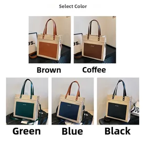 Detail view of large contrast color canvas tote bags in brown, coffee, green, blue and black
