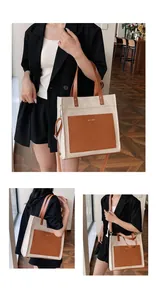 Detailed views of a canvas tote bag with brown leather accents and Mycare logo
