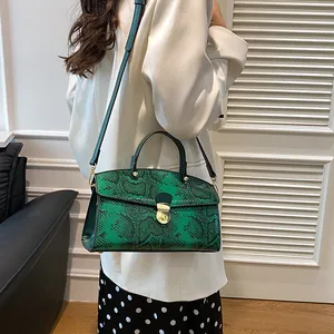 Detail der grünen Handtasche mit Schlangenmuster, Textur und goldener Schließe