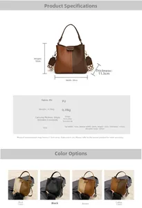 Detailed size specifications and color options for the vintage PU bucket bag