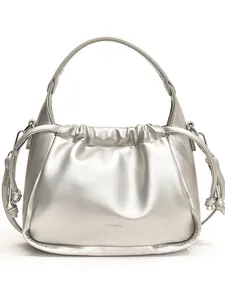 Silver metallic cloud handbag with drawstring ruched detail and top handle by sirirab
