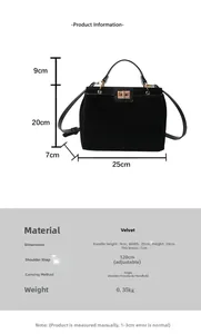Tableau des tailles et détails du matériau pour le sac Kelly en velours noir élégant