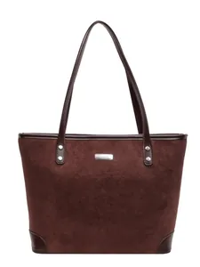 Large dark brown suede tote bag for women with silver metal logo and leather handles