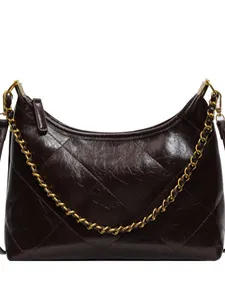 Retro diamond quilted hobo bag in glossy wax leather with gold chain strap