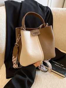 Retro Women PU Leather Bucket Bag Litchi Grain Color Splicing Design With Geometric Wide Shoulder Strap Daily Crossbody Handbag