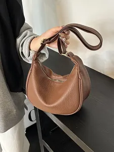 Sac Hobo en Cuir PU Minimaliste pour Femmes Sac à Épaule Rétro Croissant Texture Litchi Fermeture Éclair Dorée Sac Bandoulière Casual