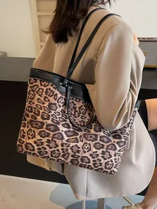 Contrast leopard print tote bag with large capacity and sleek leather trim for women