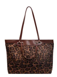 Contrast leopard print tote bag for women, spacious fall winter shoulder bag with rivet decor