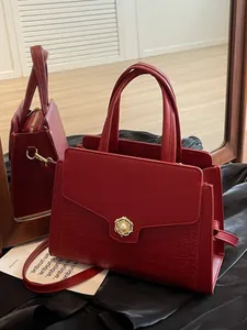 Vintage Women Tote Bag PU Leather Crocodile Pattern Artificial Pearl Metal Lock Handbag Shoulder Crossbody Bag Large Capacity