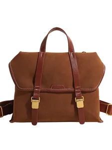 Retro brown suede briefcase style backpack with golden buckles and top handle for women
