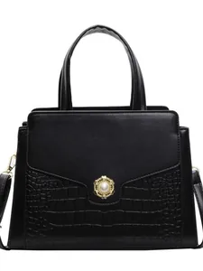 Classic black crocodile texture tote bag with elegant pearl gold buckle for women