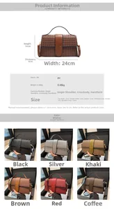 Detailed size guide and material specifications for woven PU leather evening handbags