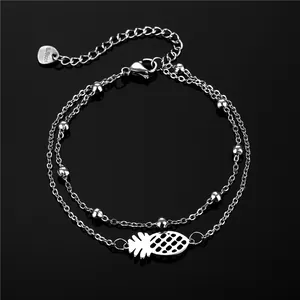 Bracelet double couche en acier inoxydable argenté avec pendentif ananas et fermoir homard
