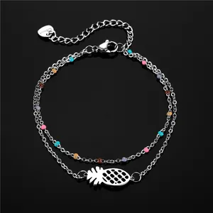 Bracelet double rang en acier inoxydable avec pendentif ananas ajouré et perles colorées