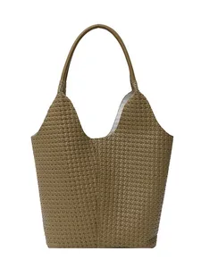 Minimalist khaki woven tote bag with smooth shoulder strap for daily commuting