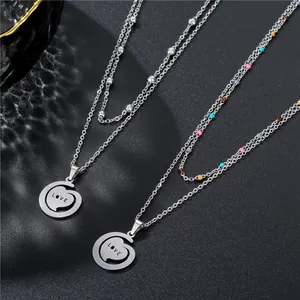Minimalist double-layer stainless steel heart necklace with LOVE engraving and color beads