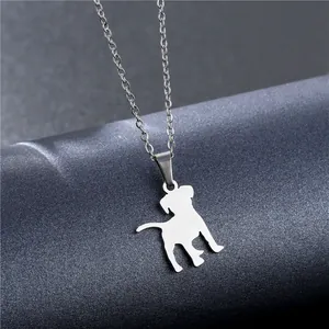 Minimalist stainless steel puppy silhouette pendant necklace with a polished silver finish