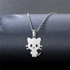 Minimalist stainless steel necklace featuring a hollow cat pendant on a polished link chain